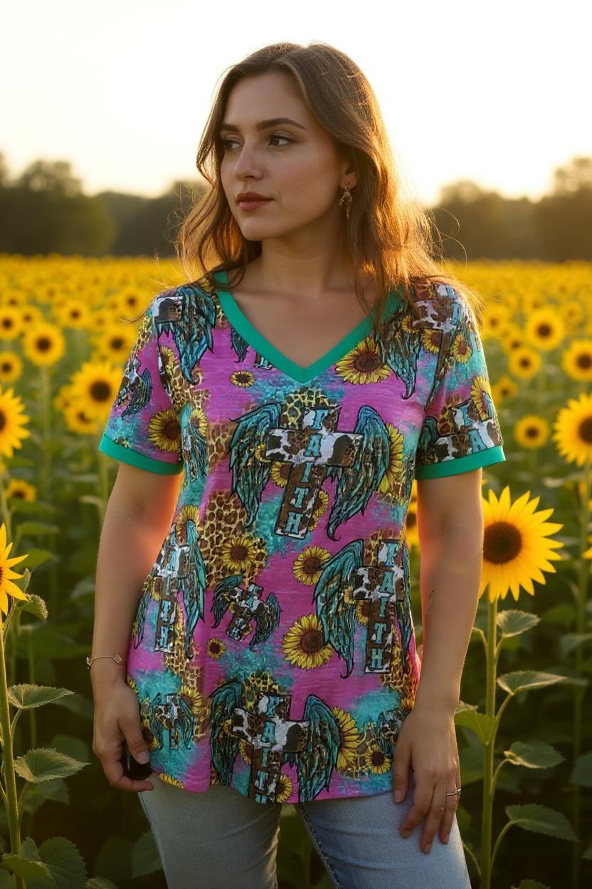 Faith cross w/wings & sunflower printed short sleeve women t-shirt XCH12474 (BS11)